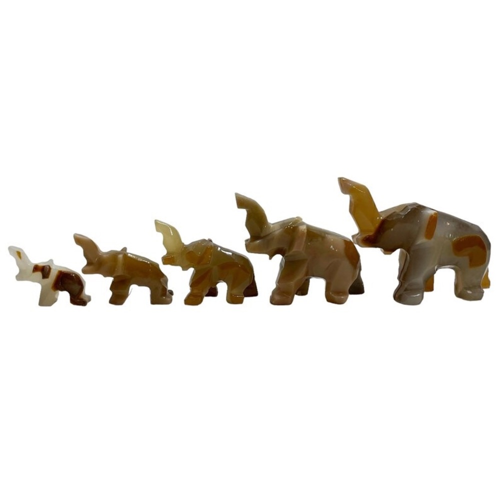 Vintage 1950s Hand Carved Onyx Marble Ascending Elephant Family Set (5) Figurine